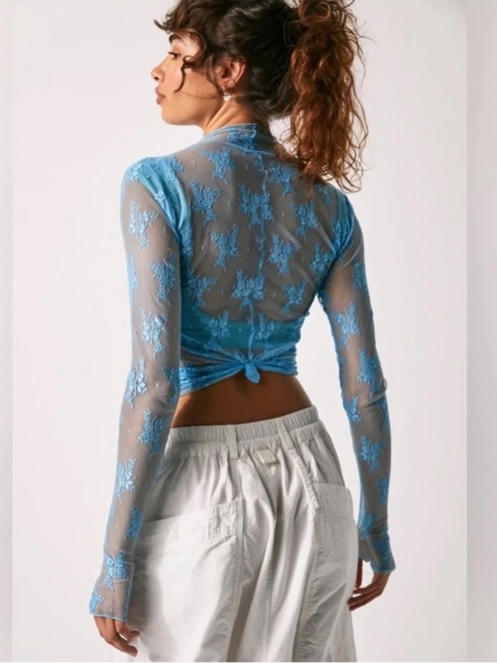 Free People intimately Small Lux Top Floral Lace Stretch Layering Tee Blue Bell - Picture 2 of 5